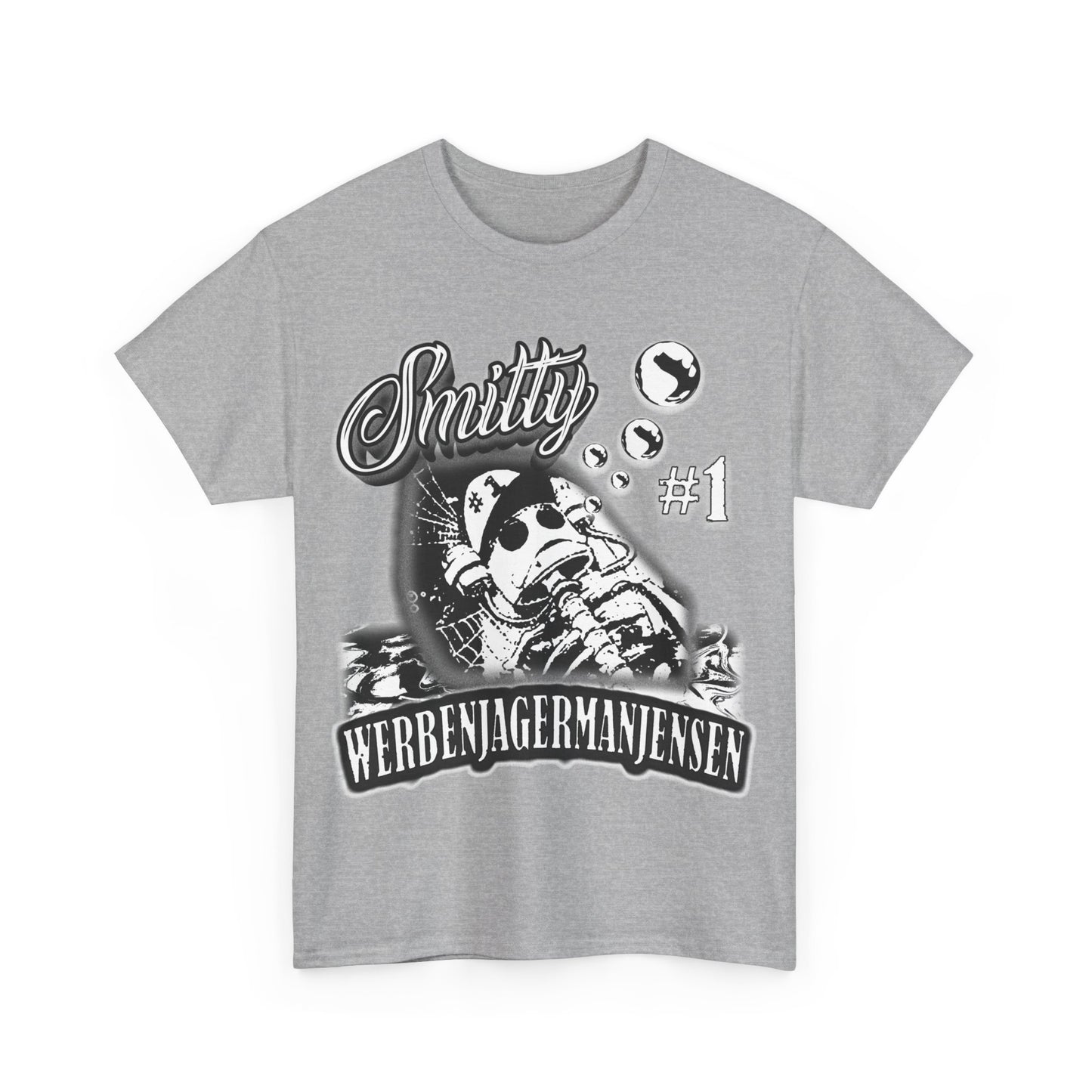 Smitty WerbenJagerManJensen T-Shirt featuring the iconic #1 helmet design from SpongeBob SquarePants.